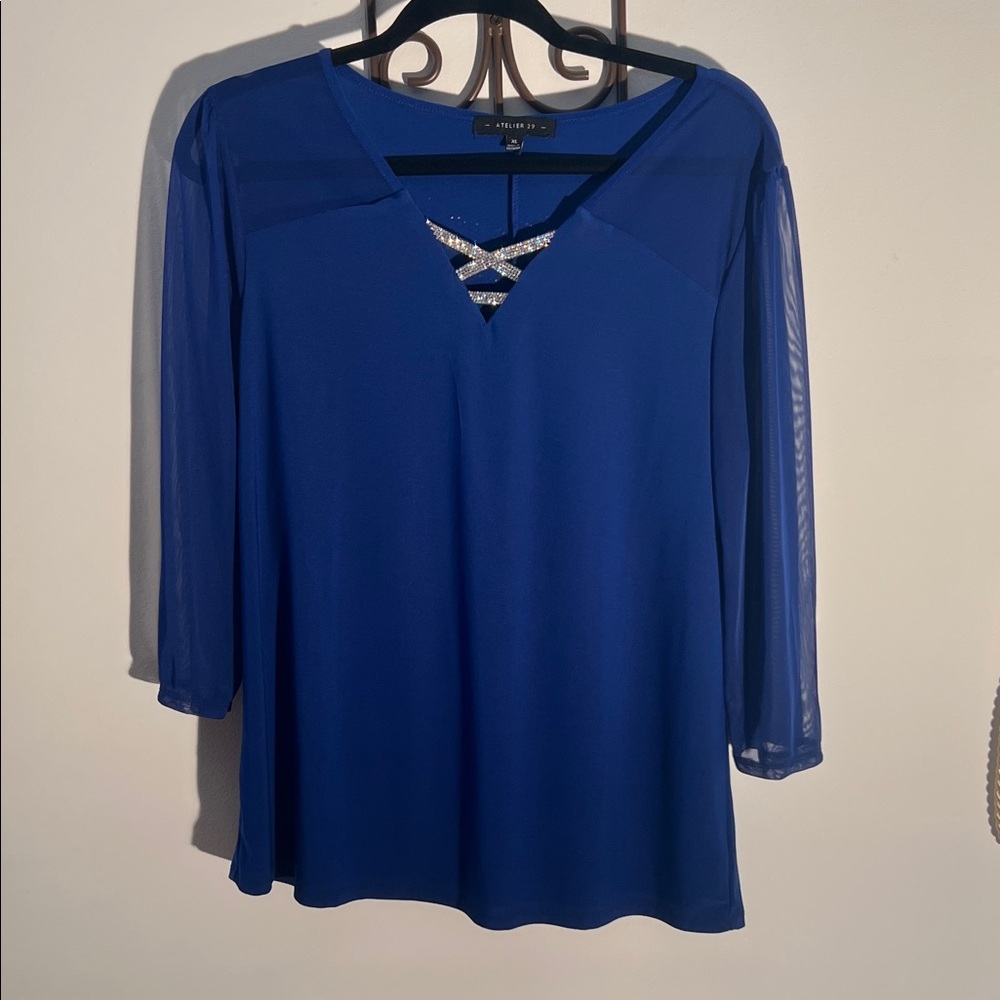 Elegant Blue Women's Blouse with Sheer Sleeves